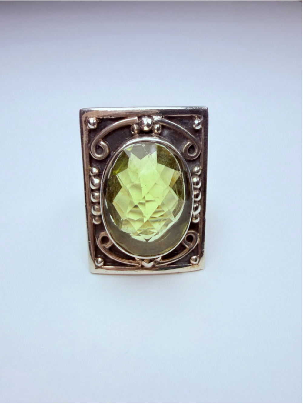 Nicky Butler 6.75 CT Peridot Solitaire 925 Sterling Silver Square Ornate Ring